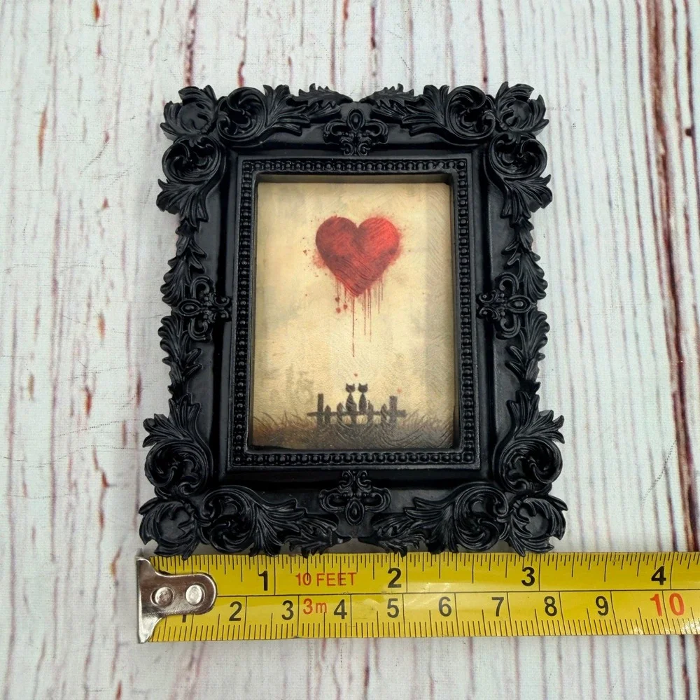 Gothic Black Ornate Resin Frame Cat Heart Art Print Decoupage Mini Decor